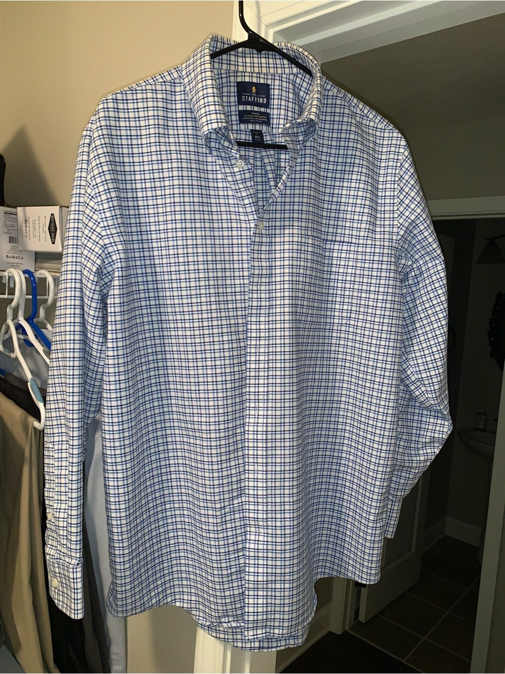 Stafford Blue and White Windowpane Button-Down Dress Shirt
